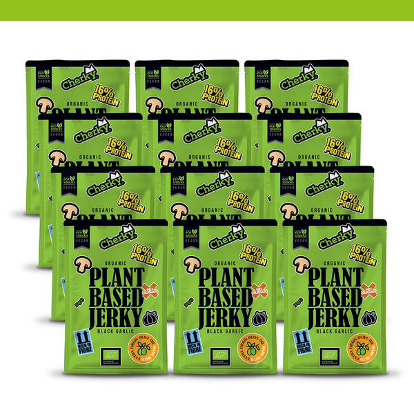 PACK 12 · ECO · plant based jerky · BLACK GARLIC & COFFEE